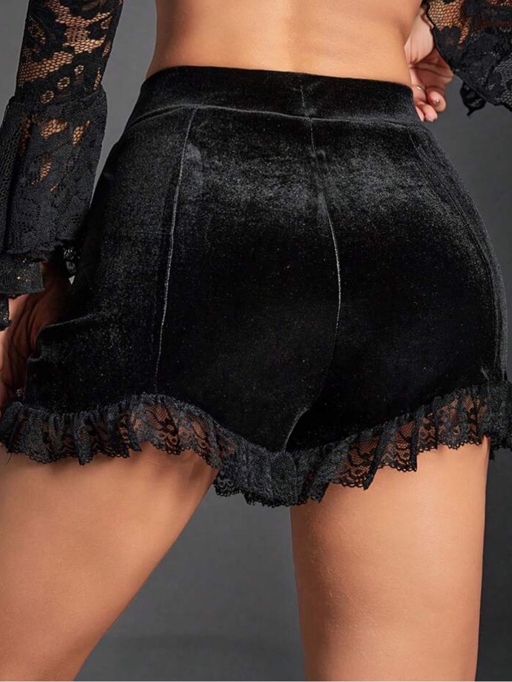 Gothic Lace Ruched Ruffle Hem Velvet Shorts - Picture 3 of 3